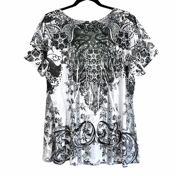 Dressbarn Blouse Top Womens 2X Black & White Paisley Print Embellished EUC - Picture 2 of 16